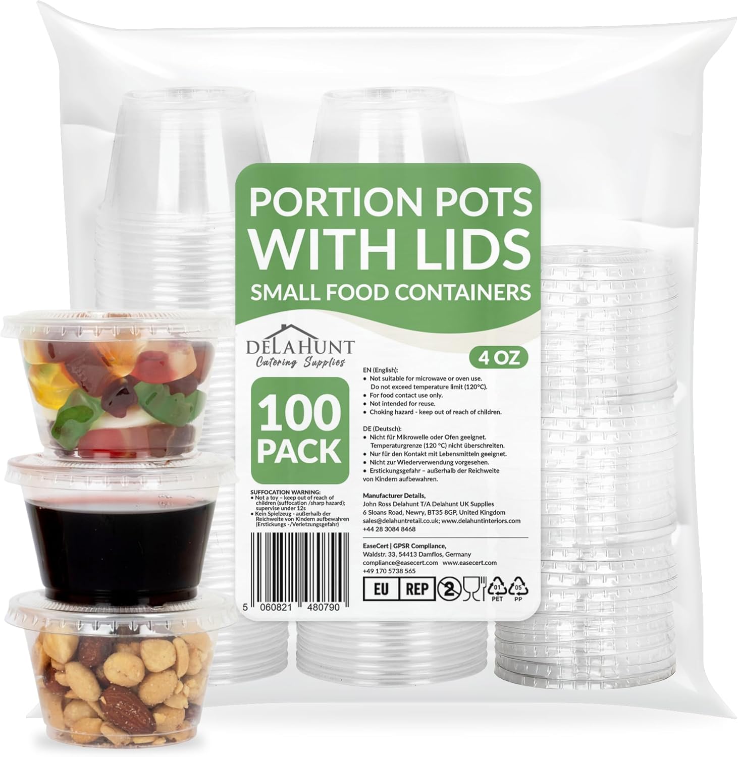 4oz (120ml) Small Disposable Plastic Portion Pots with Lids [100 Pack]