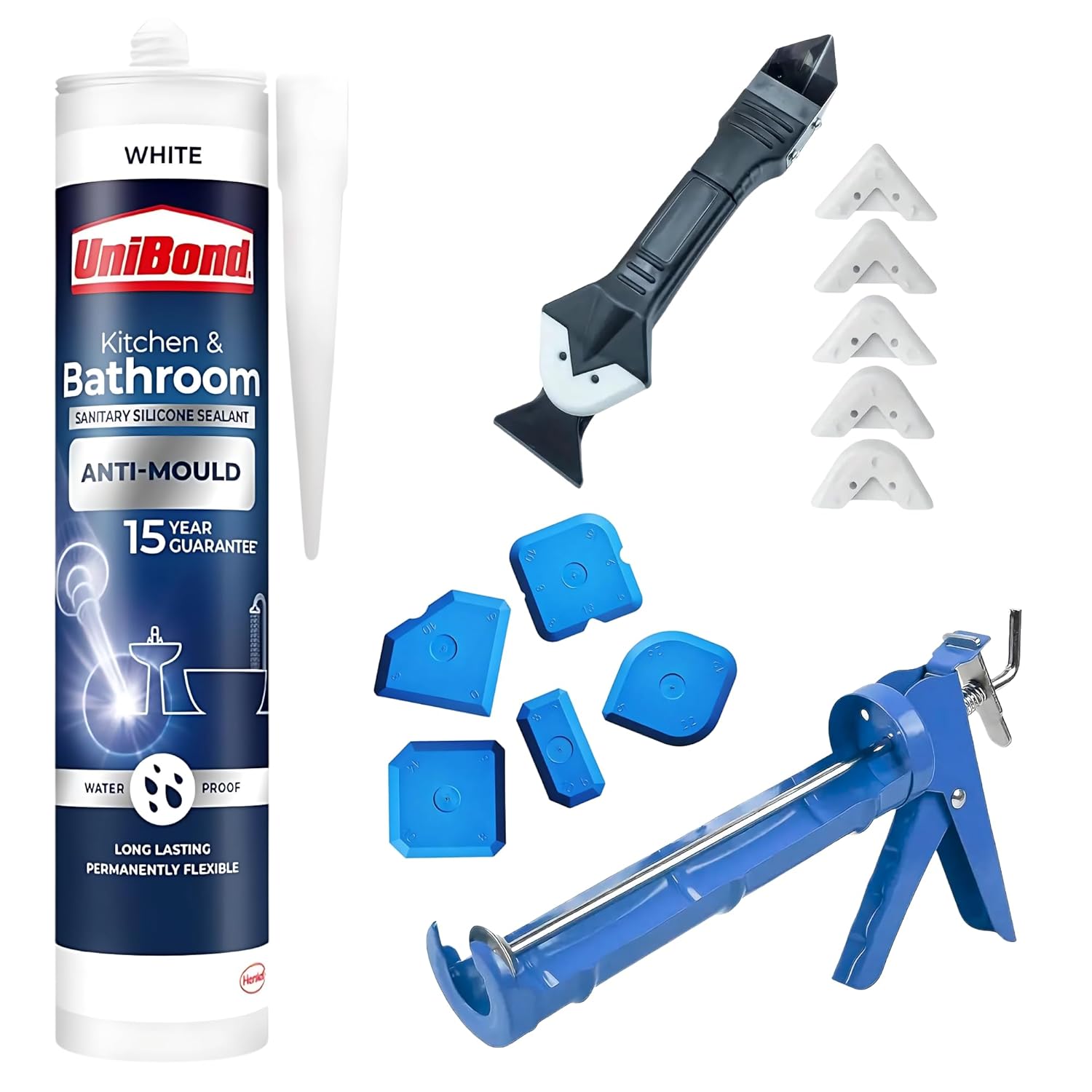 White Silicone Sealant Application Bundle With Unibond Kitchen & Bathroom Sealant